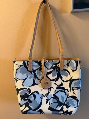 Emma Fox Floral Tote Bag with Tan Handles - Blue & White